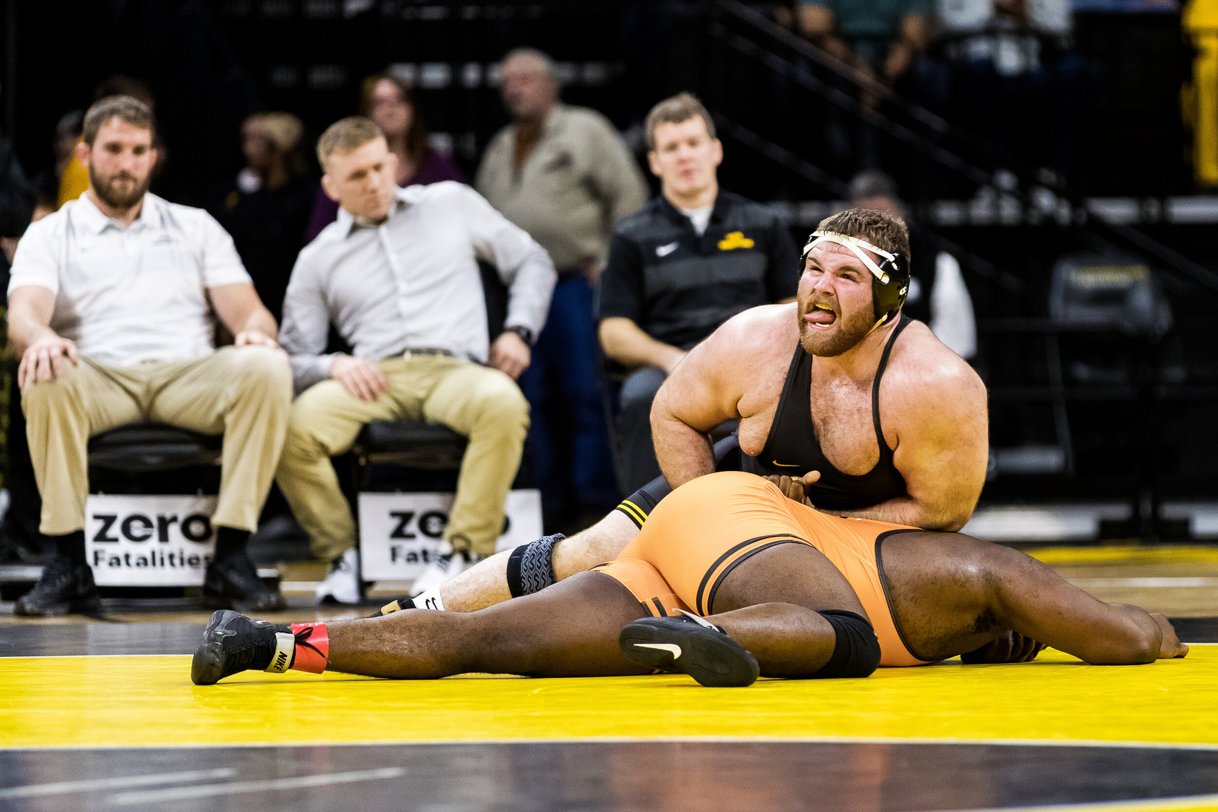  Iowa's Aaron Costello grapples with Princeton's Obinna Ajah in a 285-lb wrestling match at Carver-Hawkeye Arena on Friday, Nov. 16, 2018. Costello defeated Ajah 6-0.  