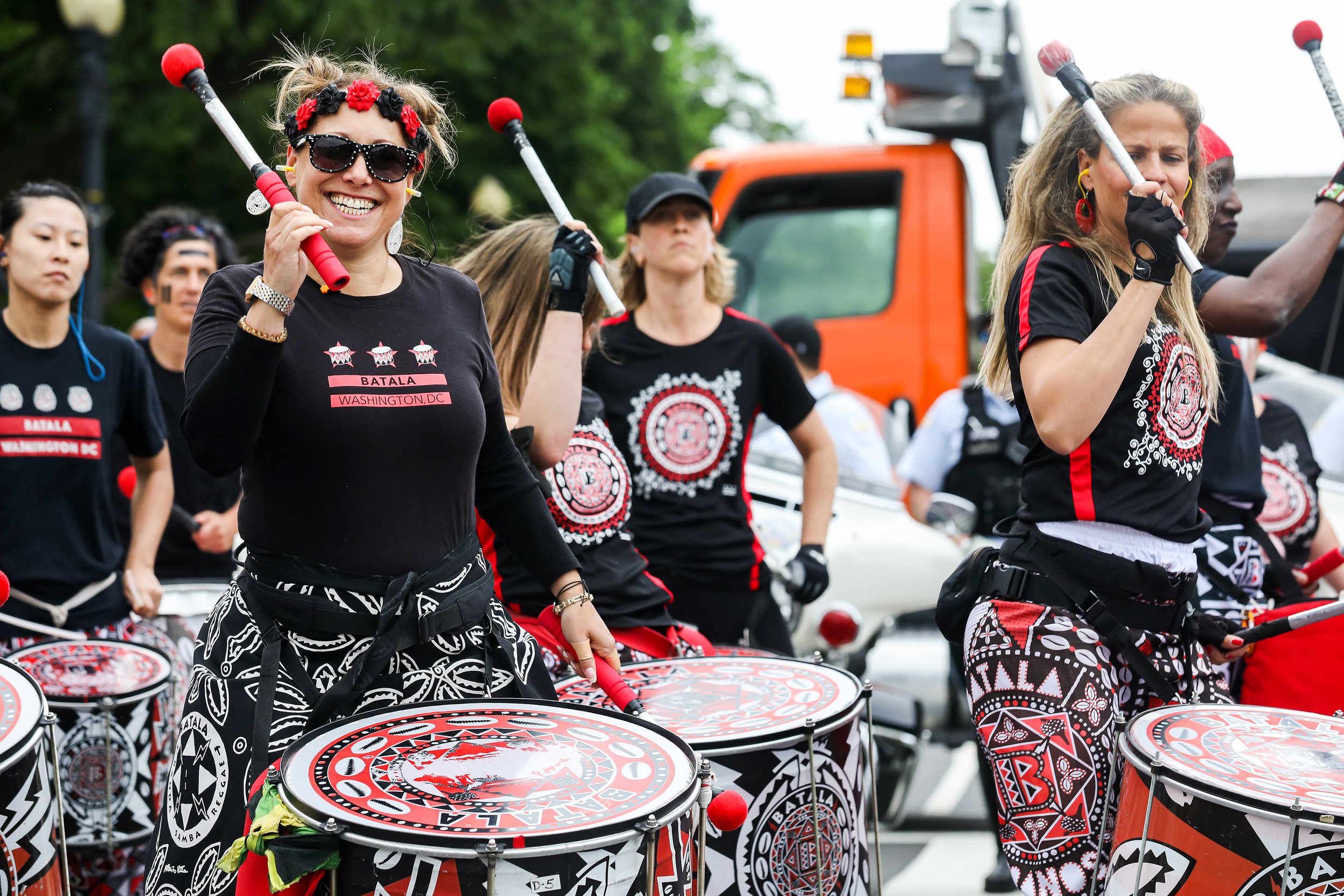  Members of the Batalá Percussion Band pound the drums at the start of an abortion rights march in Washington DC on Saturday, May 14, 2022. 