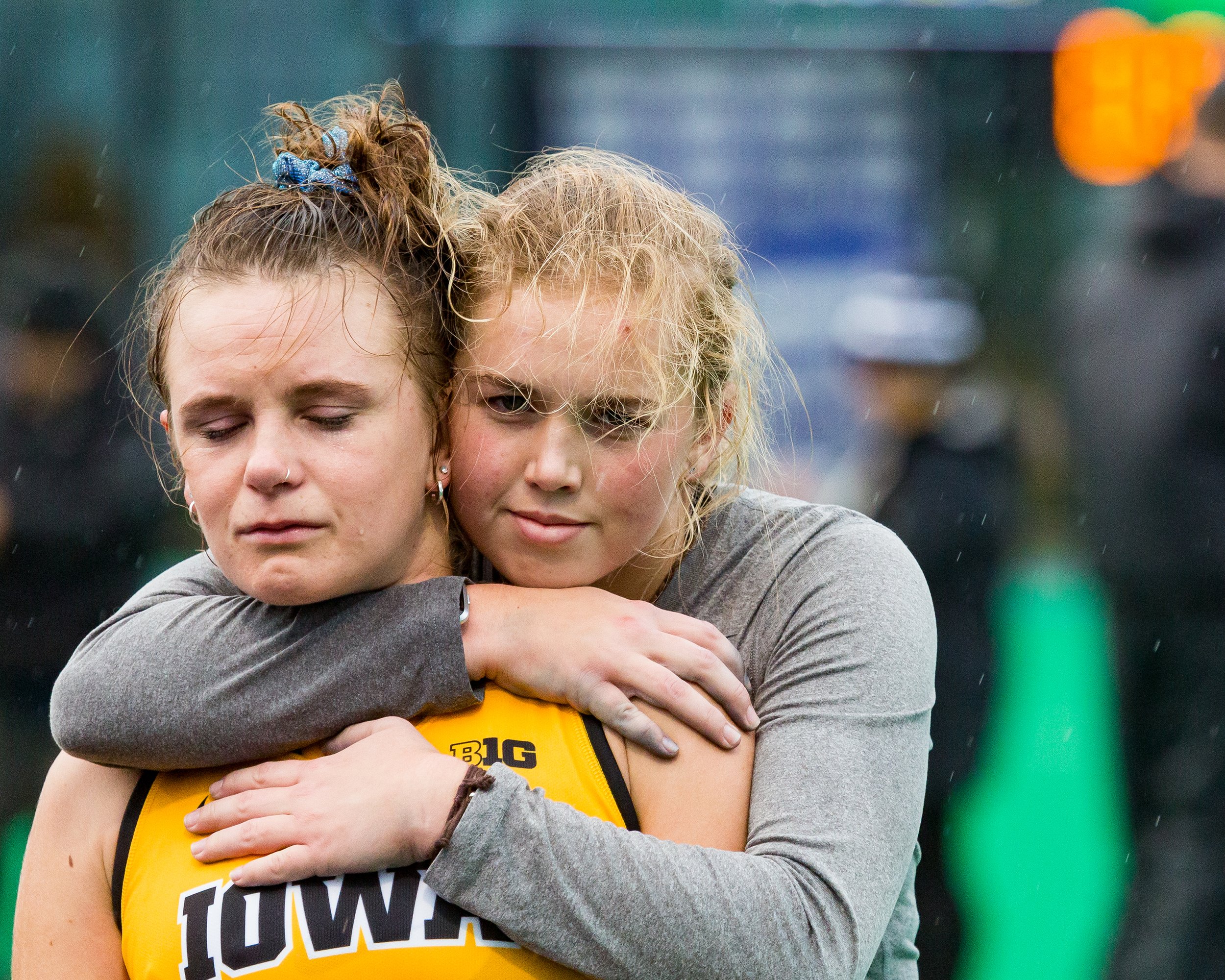  Iowa goalkeeper Leslie Speight hugs Iowa forward Maddy Murphy after the Championship Game in the Big Ten Field Hockey Tournament at Lakeside Field in Evanston, IL on Sunday, Nov. 3, 2018. The no. 2 ranked Terrapins defeated the no. 8 ranked Hawkeyes