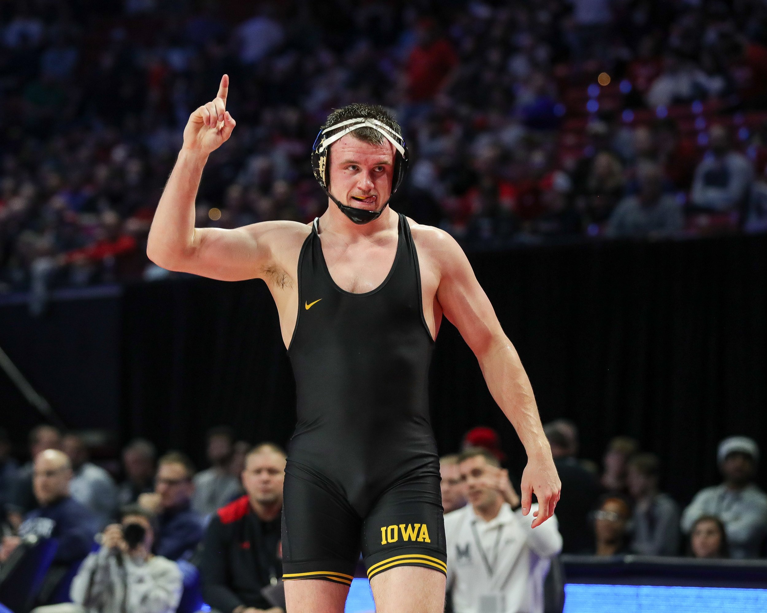  Iowa wrestler Zach Glazier celebrates defeating Maryland’s Jax Smith in a 197-lb semifinal match during the Big Ten Wrestling Championships at the Xfinity Center in College Park, Maryland on Saturday, March 9, 2023. Glazier won 4-1 in SV1. (David Ha