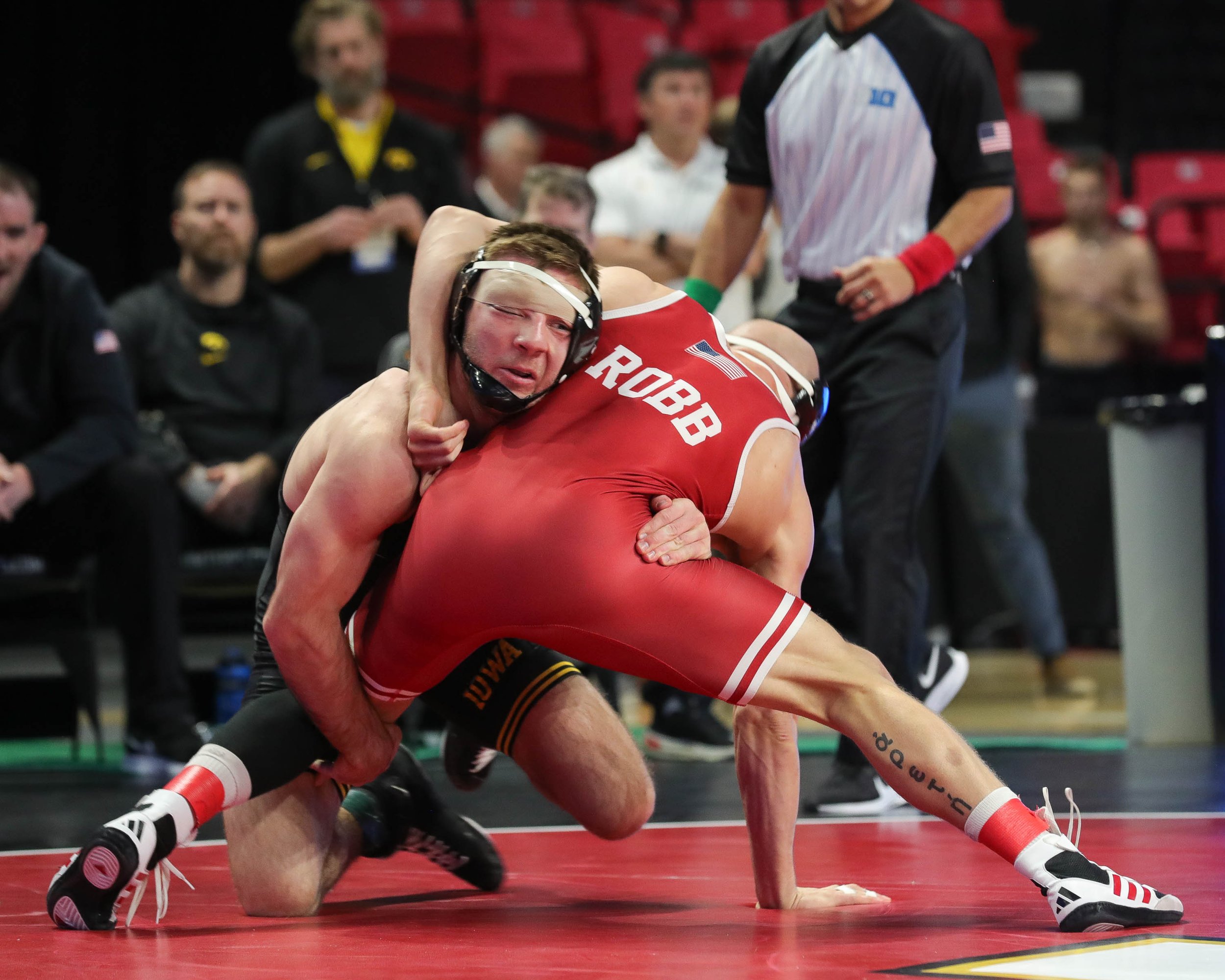  Iowa wrestler Jared Franek grapples with Nebraska’s Peyton Robb in a 157-lb quarterfinals match during the Big Ten Wrestling Championships at the Xfinity Center in College Park, Maryland on Saturday, March 9, 2023. Franek won 7-6. (David Harmantas/F