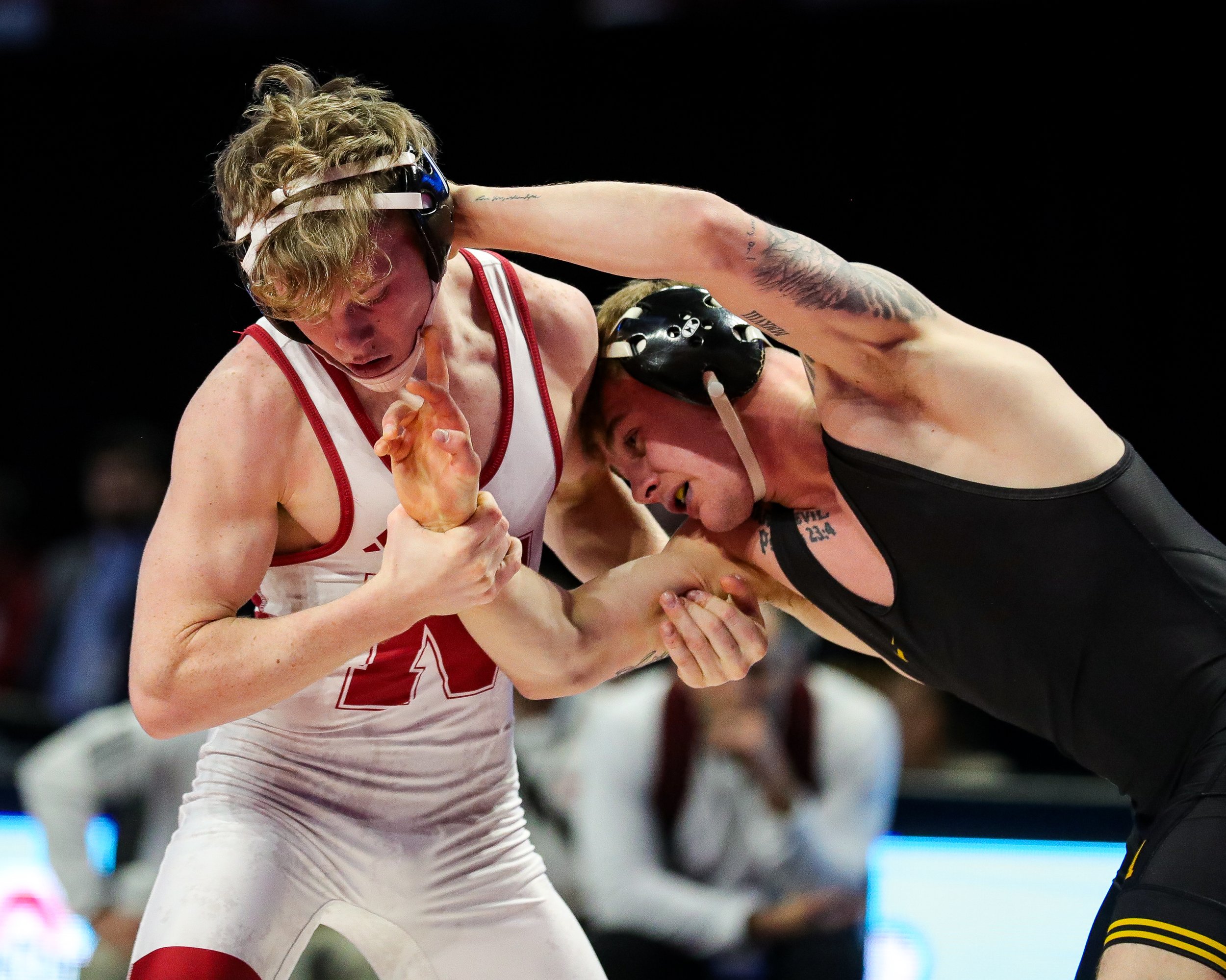  Iowa wrestler Brody Teske grapples with Nebraska’s Jacob Van Dee in a 133-lb semifinal consolation match during the Big Ten Wrestling Championships at the Xfinity Center in College Park, Maryland on Sunday, March 10, 2023. Teske lost 9-6 in SV1 afte