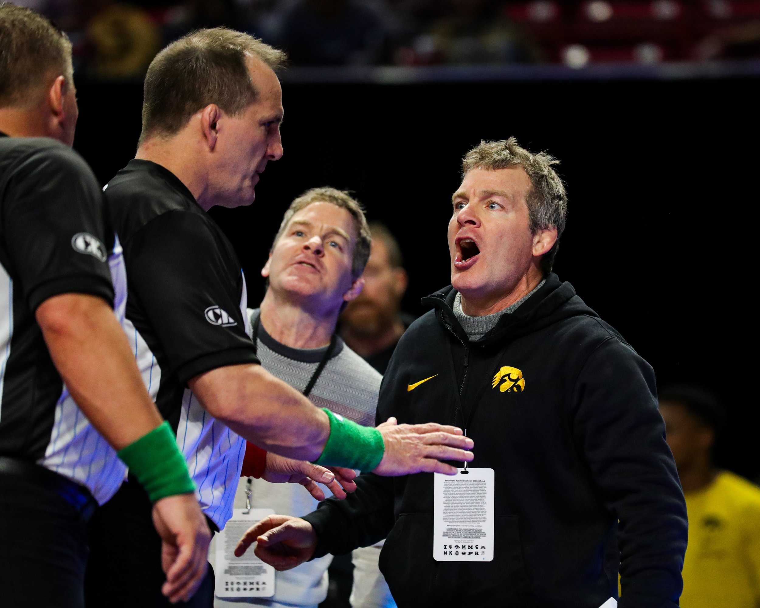 Iowa wrestling coach Tom Brands yells at officials during a 133-lb semifinal consolation match during the Big Ten Wrestling Championships at the Xfinity Center in College Park, Maryland on Sunday March 10, 2023. (David Harmantas/For the Gazette) 
