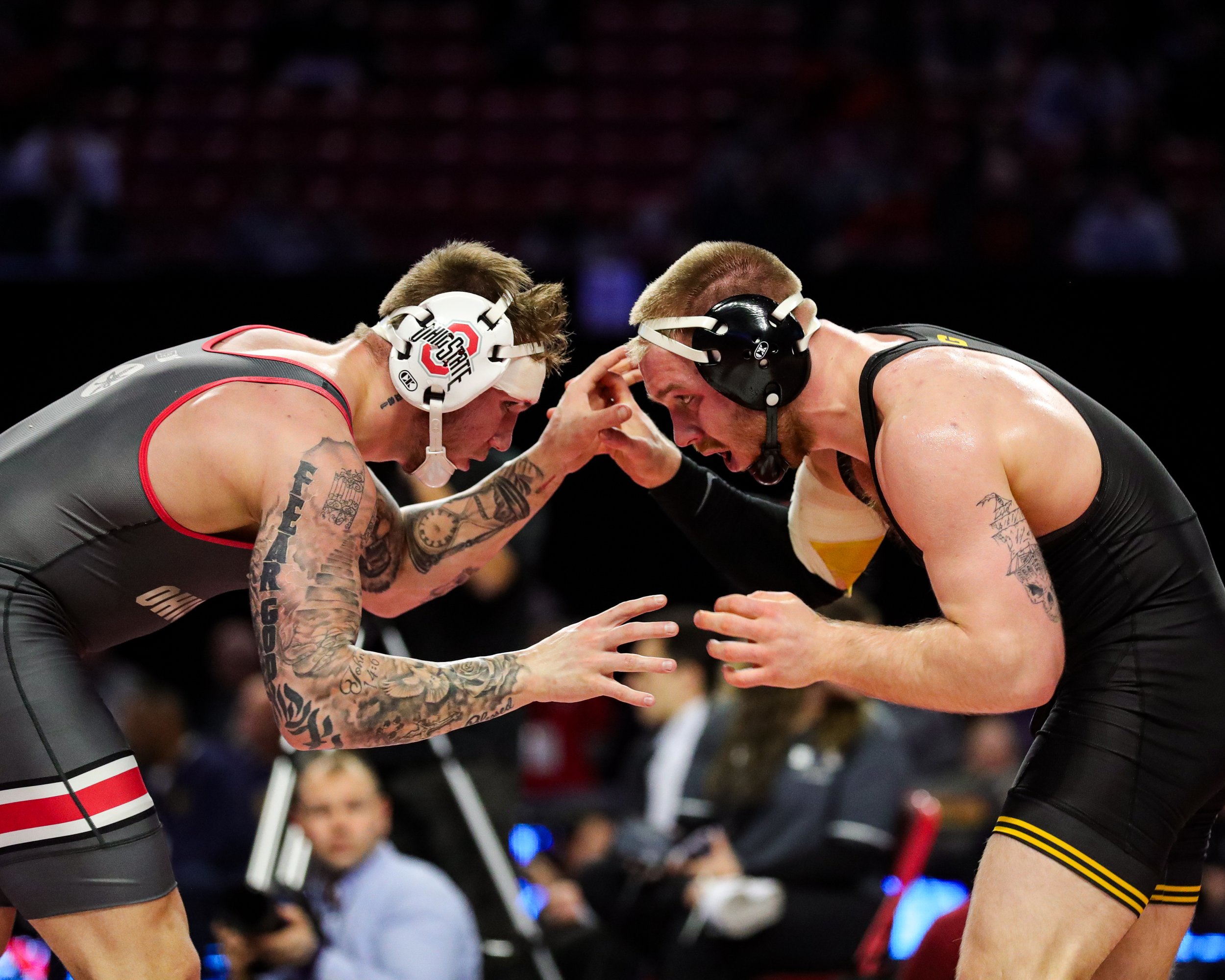  Iowa wrestler Patrick Kennedy grapples with Ohio State’s Rocco Welsh in a 174-lb semifinal consolation match during the Big Ten Wrestling Championships at the Xfinity Center in College Park, Maryland on Sunday, March 10, 2023. Kennedy lost 4-1. (Dav