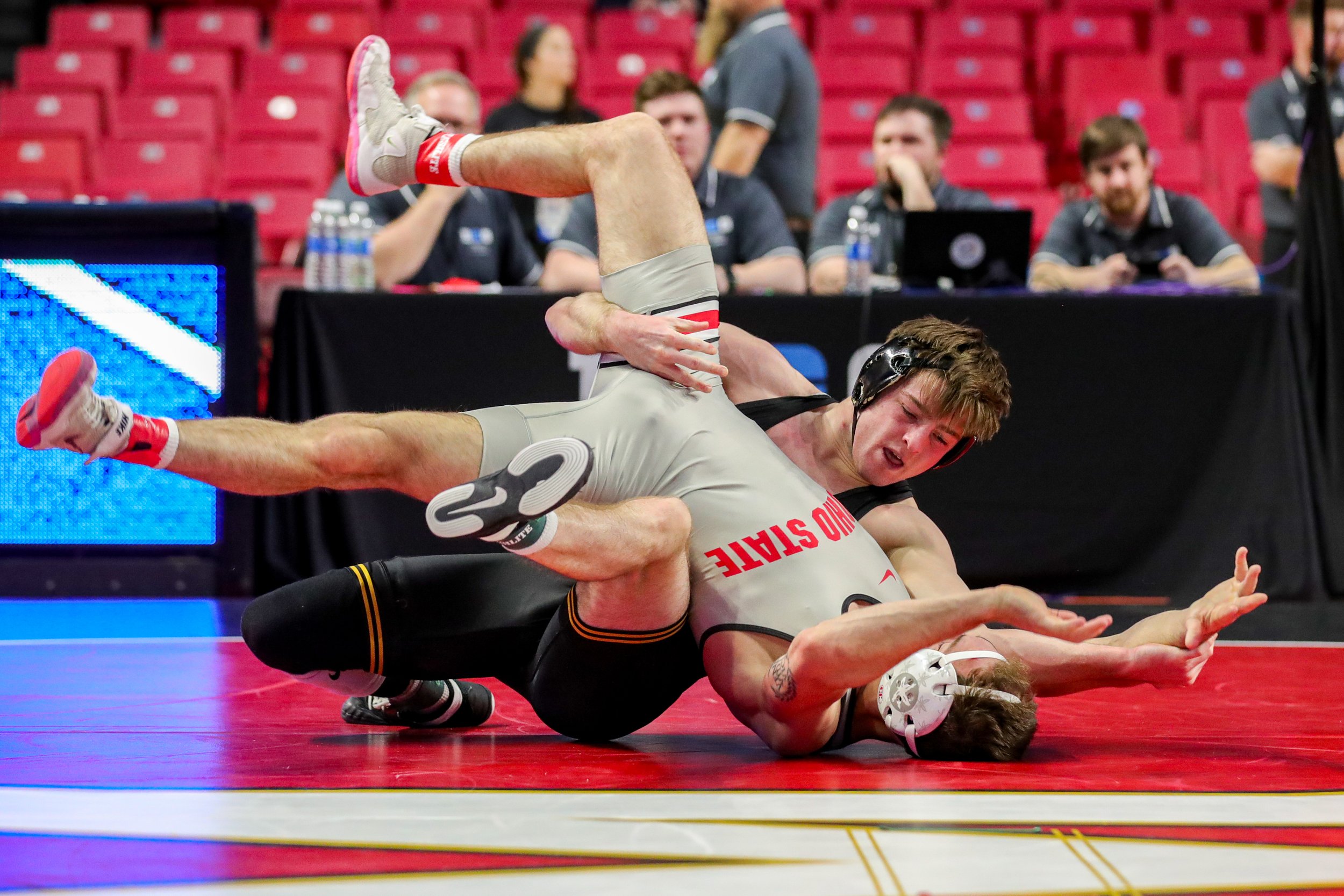  Iowa wrestler Caleb Rathjen grapples with Ohio State’s Dylan D`Emilio in a 149-lb fifth-place match during the Big Ten Wrestling Championships at the Xfinity Center in College Park, Maryland on Sunday, March 10, 2023. Rathien won 11-5. (David Harman