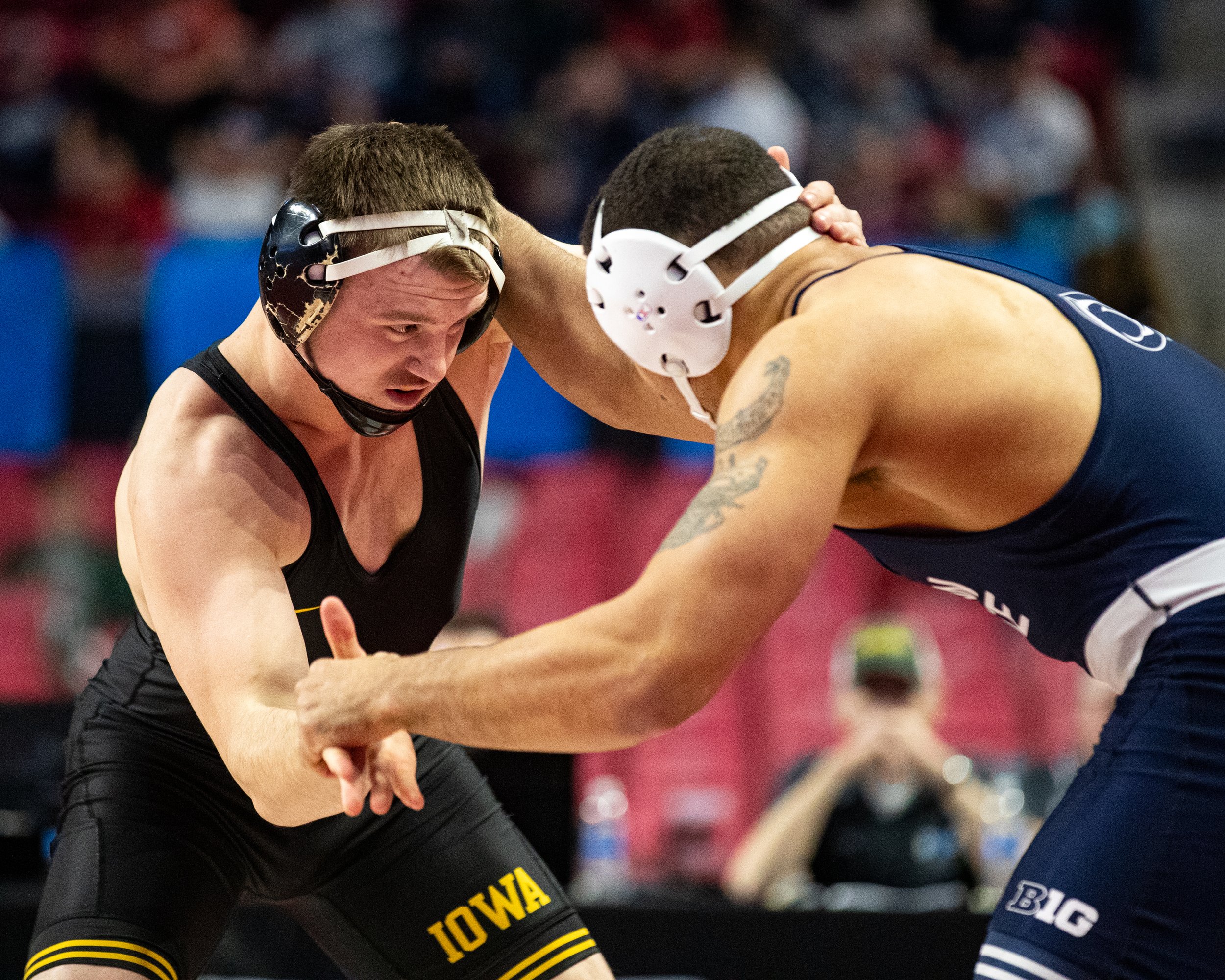  Iowa wrestler Zach Glazier grapples with Penn State’s Aaron Brooks in a 197-lb championship match during the Big Ten Wrestling Championships at the Xfinity Center in College Park, Maryland on Sunday, March 10, 2023. Glazier lost via Technical Fall a
