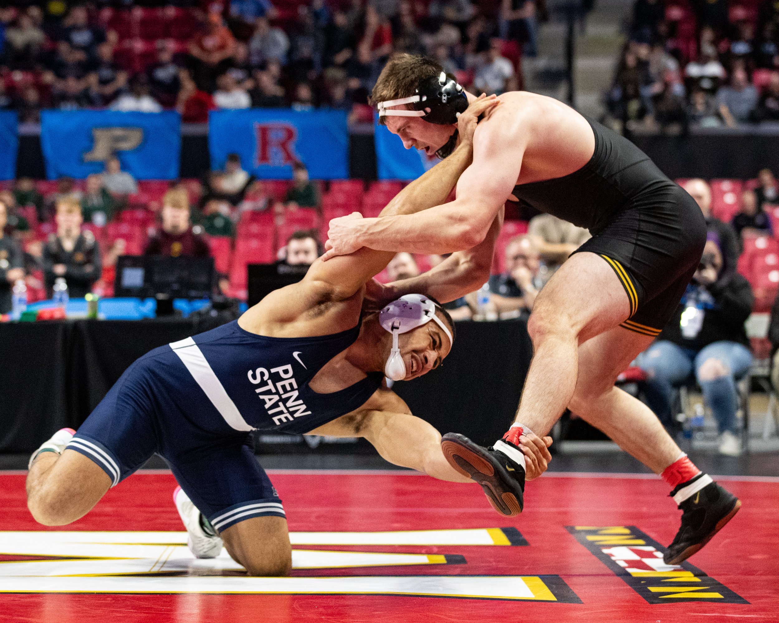  Iowa wrestler Zach Glazier grapples with Penn State’s Aaron Brooks in a 197-lb championship match during the Big Ten Wrestling Championships at the Xfinity Center in College Park, Maryland on Sunday, March 10, 2023. Glazier lost via Technical Fall a