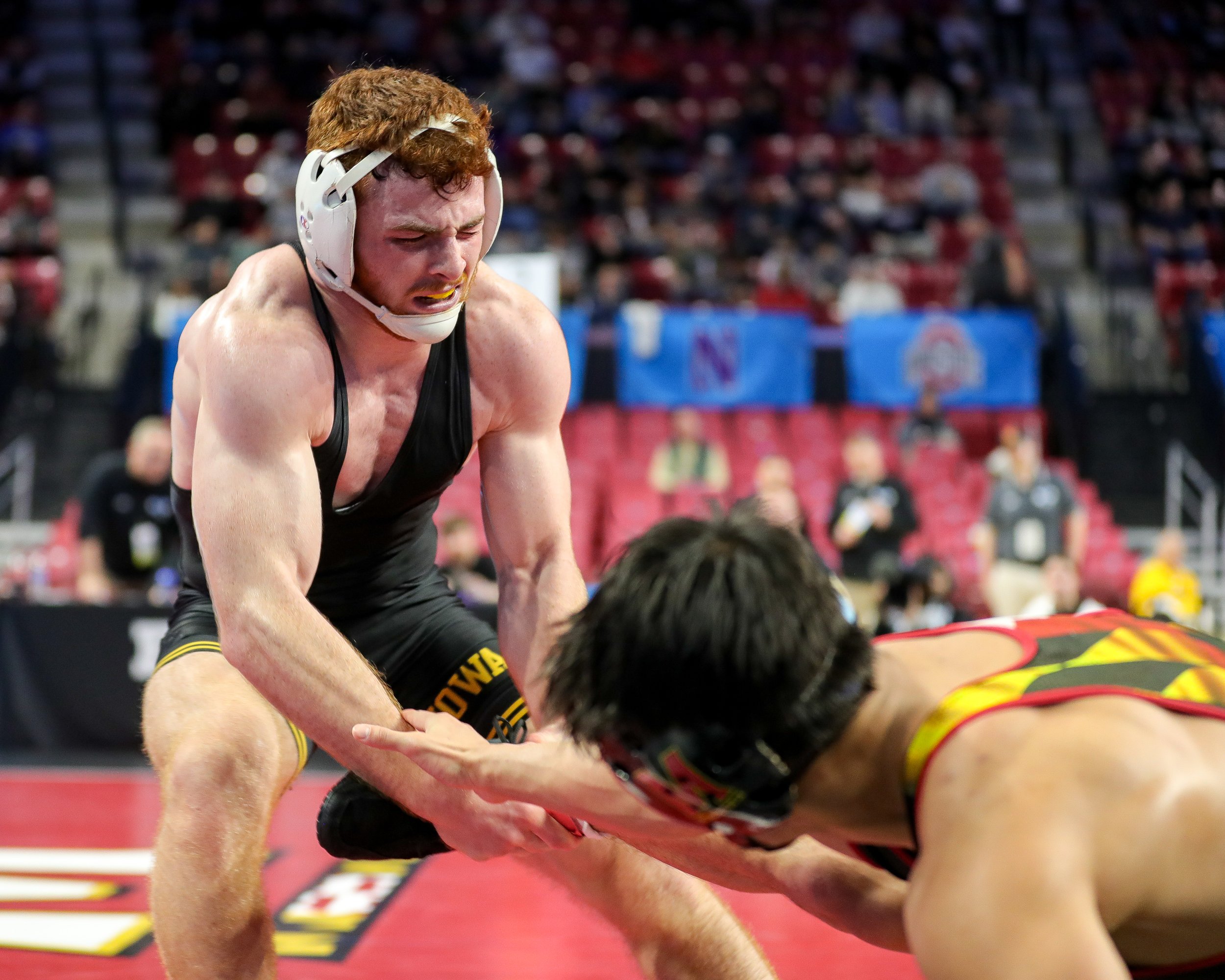  Iowa wrestler Michael Caliendo grapples with Maryland’s AJ Rodriguesin a 165-lb preliminary match during the Big Ten Wrestling Championships at the Xfinity Center in College Park, Maryland on Saturday, March 9, 2023. Caliendo won via fall at 5:30. (