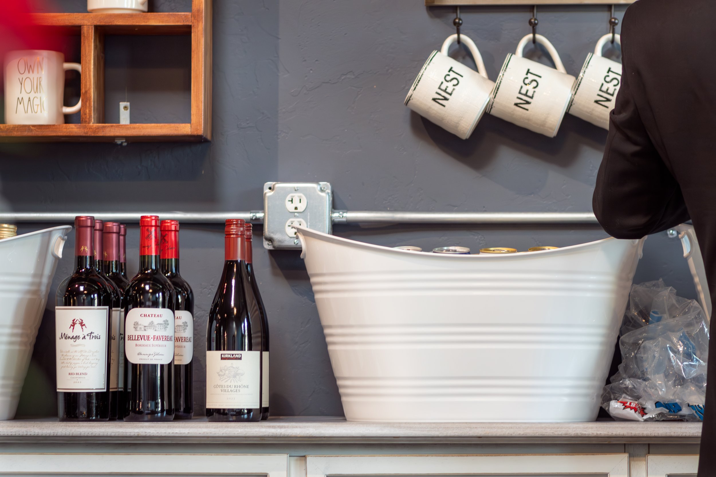 Custom food and drink setup for a micro wedding reception at The Nest in Green Bay, Wisconsin