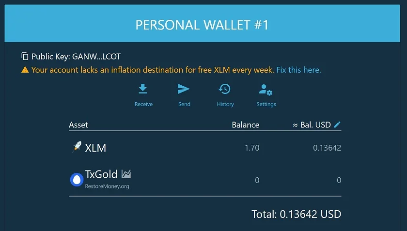 Home page of the Wallet. TxGold has been added a trusted asset!