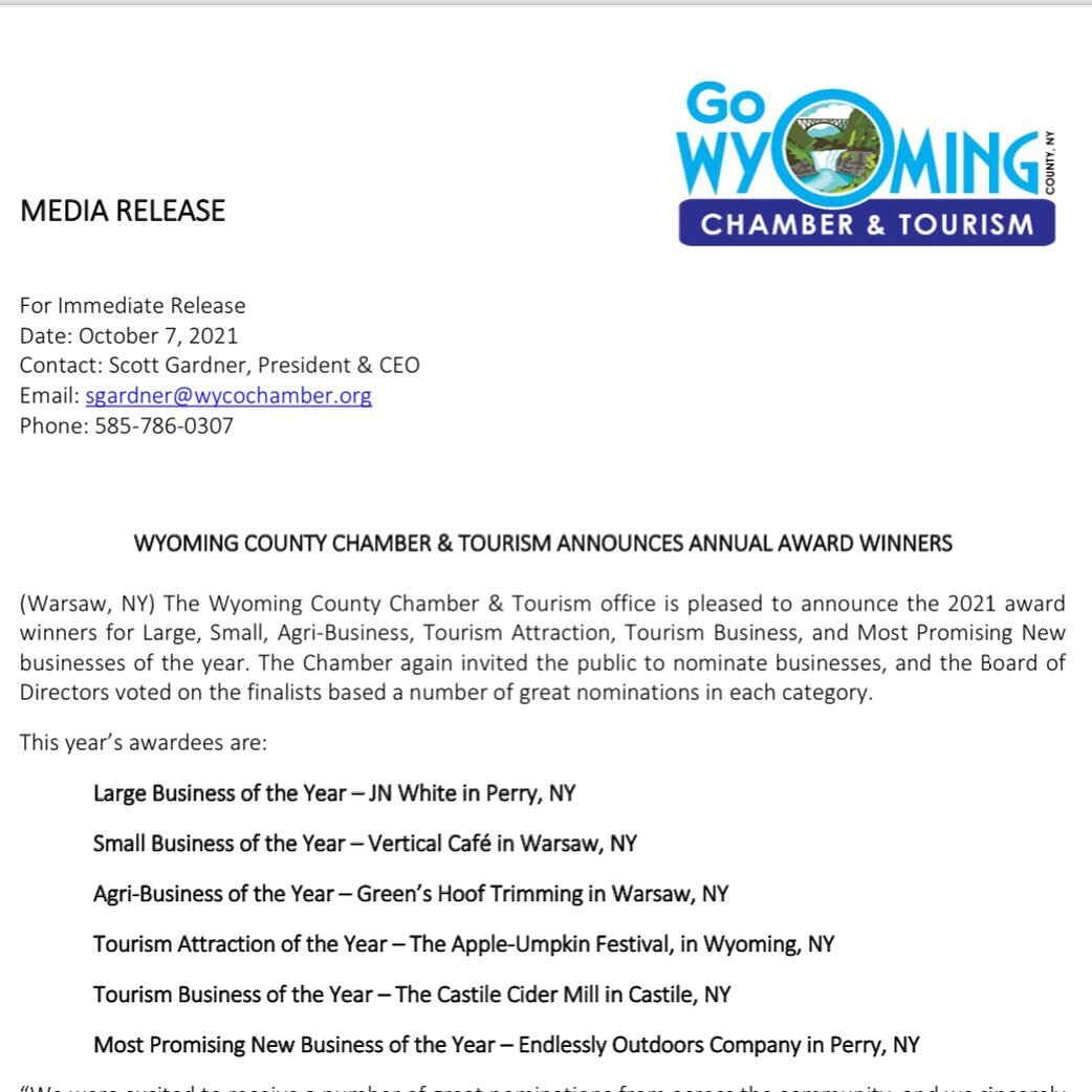 We are incredibly honored to be awarded Tourism Business of the Year by the Wyoming County Chamber &amp; Tourism office. We will be closing early at 3:00 pm on Thursday, October 28th to attend the annual banquet and thank the good people of the Wyomi