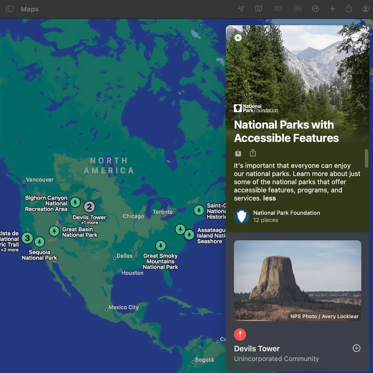 Pretty cool find the other day!!! One of my images of Devils Tower featured in a @nationalparkfoundation Apple Maps Guide! 

You can read about &ldquo;National Parks with Accessible Features&rdquo; straight from the Apple Maps app or this link: guide