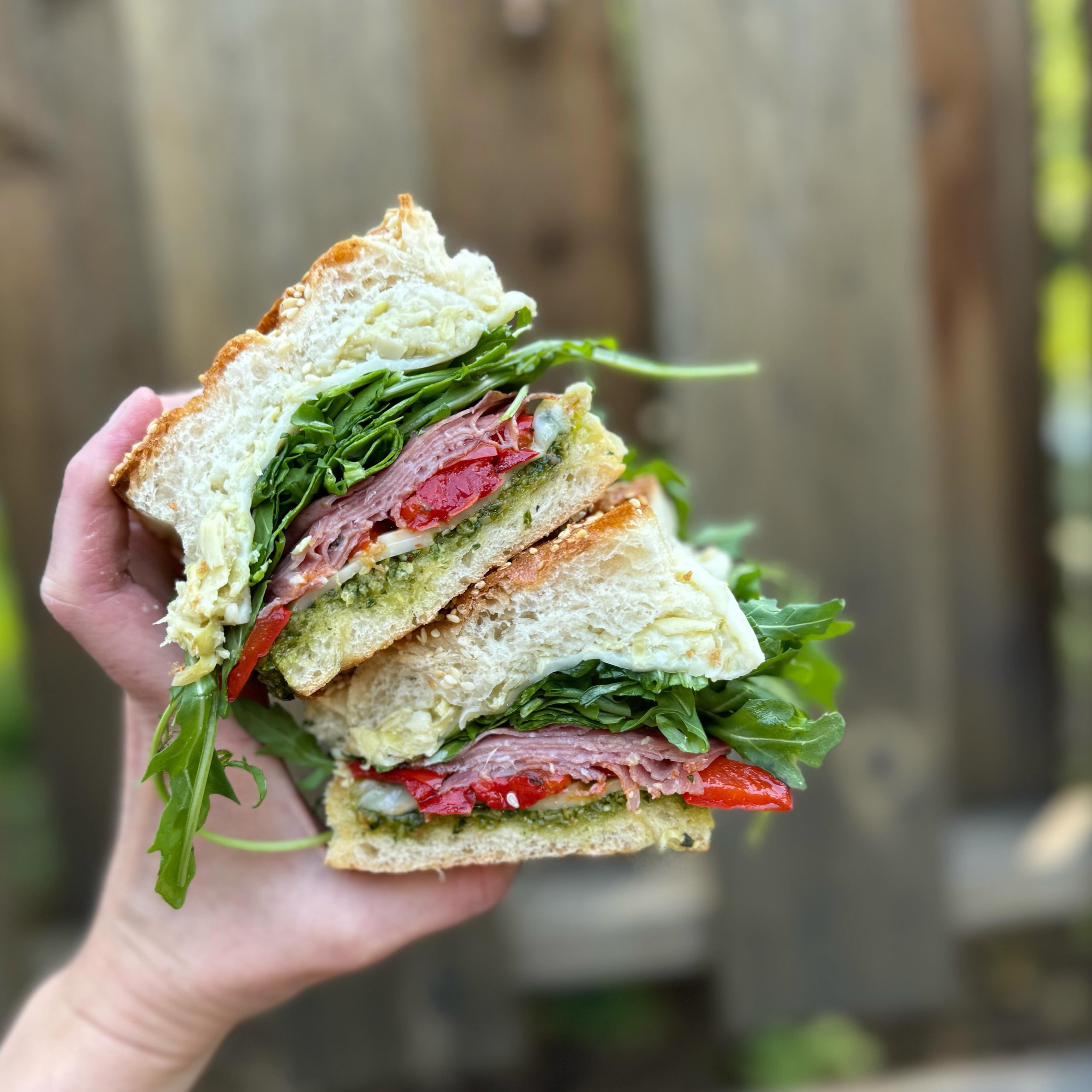 Check out this beauty! Our hot sandwich this week is an Italian panino with Genoa salami, melted provolone, roasted peppers, artichoke spread, pesto, and arugula all on toasted sesame seed barbari bread.

Available today and tomorrow from 9am-3pm!