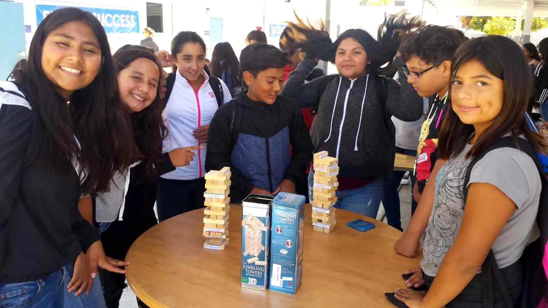 Students play Jenga during their lunch for our counselor's support of the "Sandy Hook Promise: Start with Hello Week" to promote connectedness and inclusion within Fillmore Middle School.