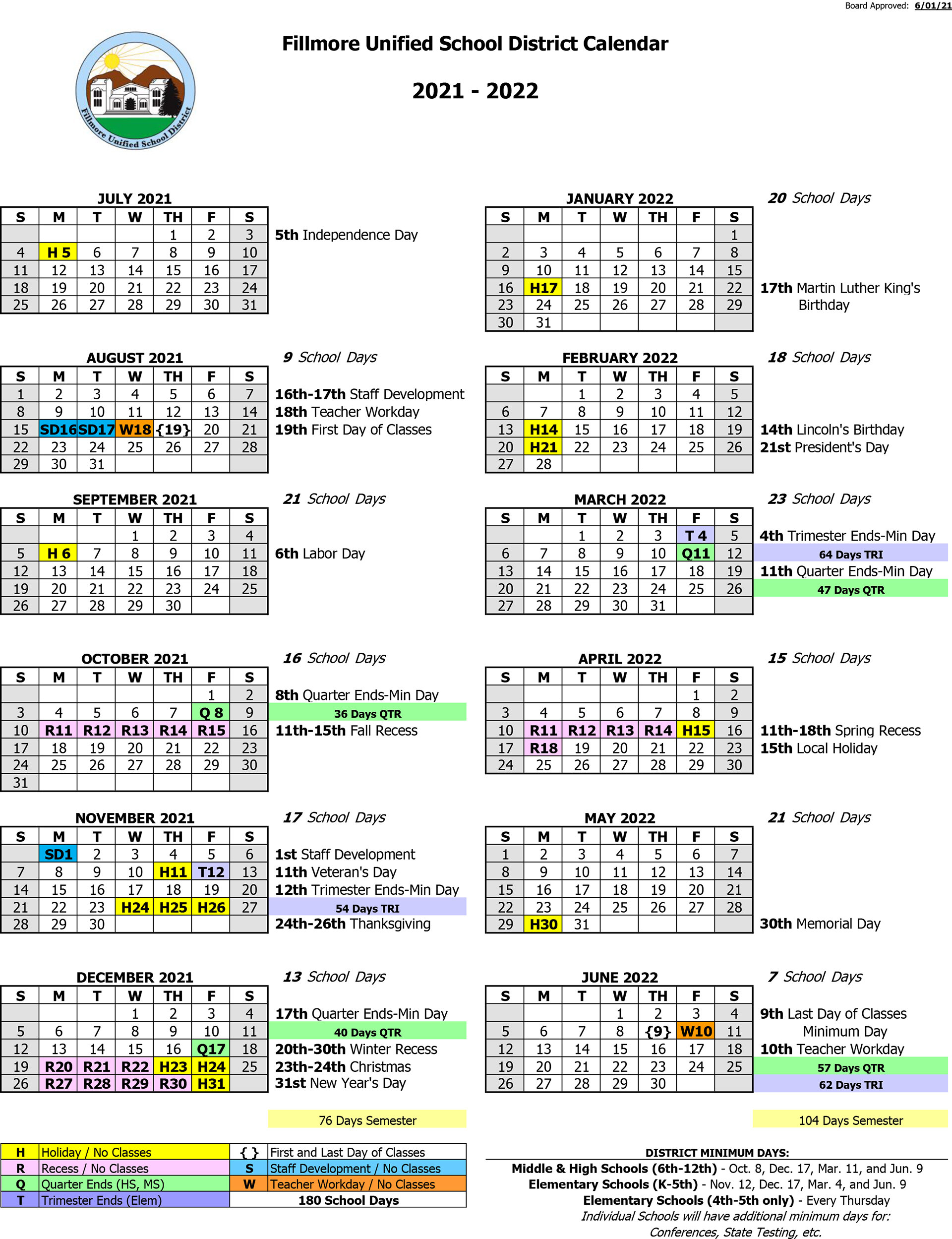 Lmu Spring 2022 Calendar 2021-2022 School Calendar — Fillmore Unified School District