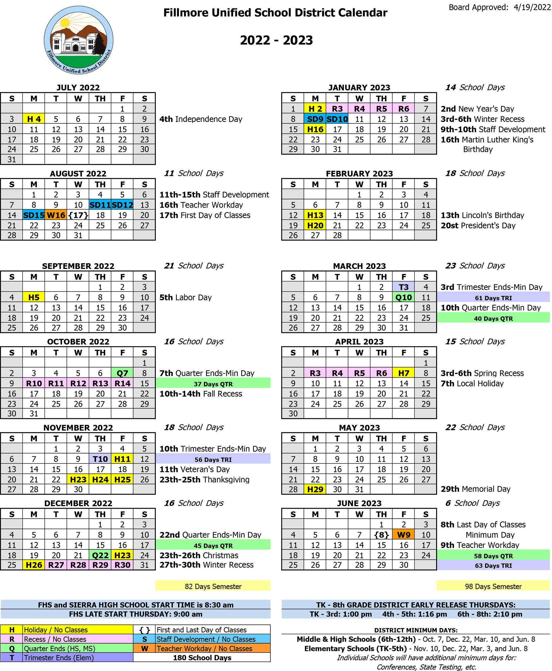 202223 School Calendar — Fillmore Unified School District