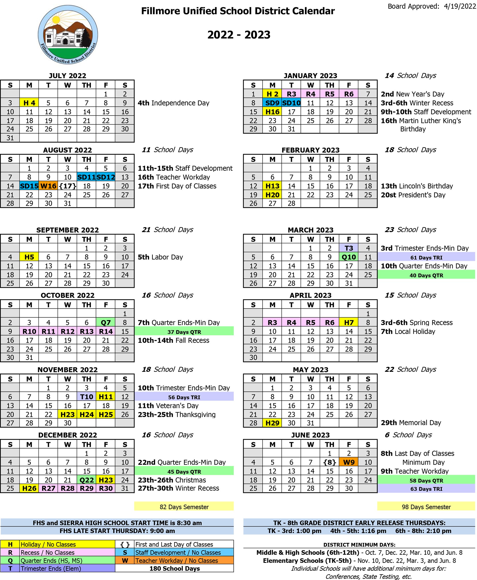 2022-23 School Calendar — Fillmore Unified School District