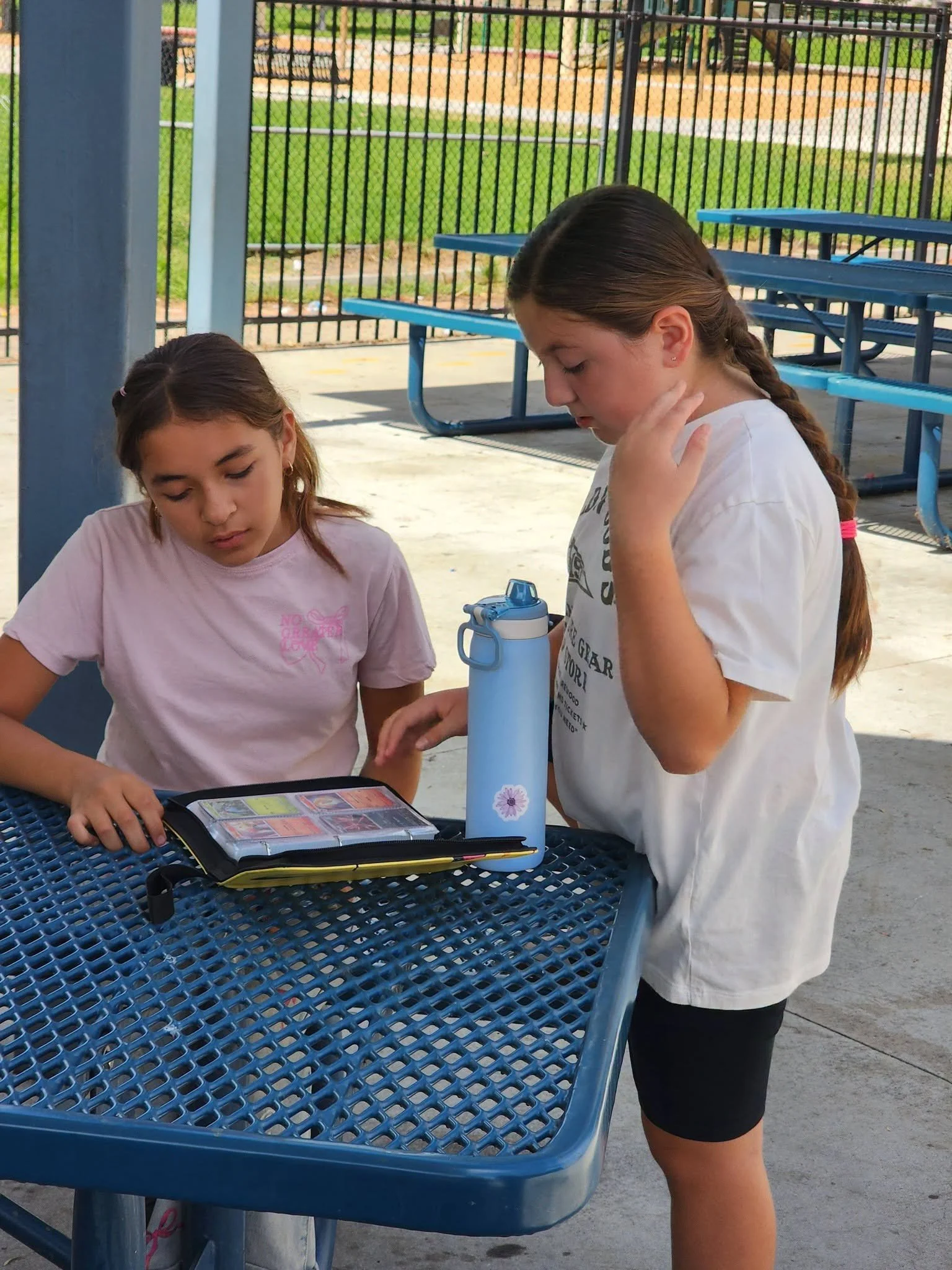 Two students examine cards in an open Pokémon binder at a picnic table.