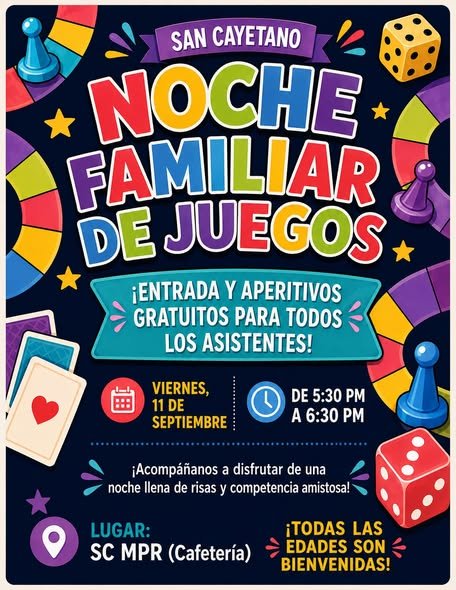 Spanish flyer for San Cayetano Family Game Night on September 11 from 5:30 to 6:30 p.m.