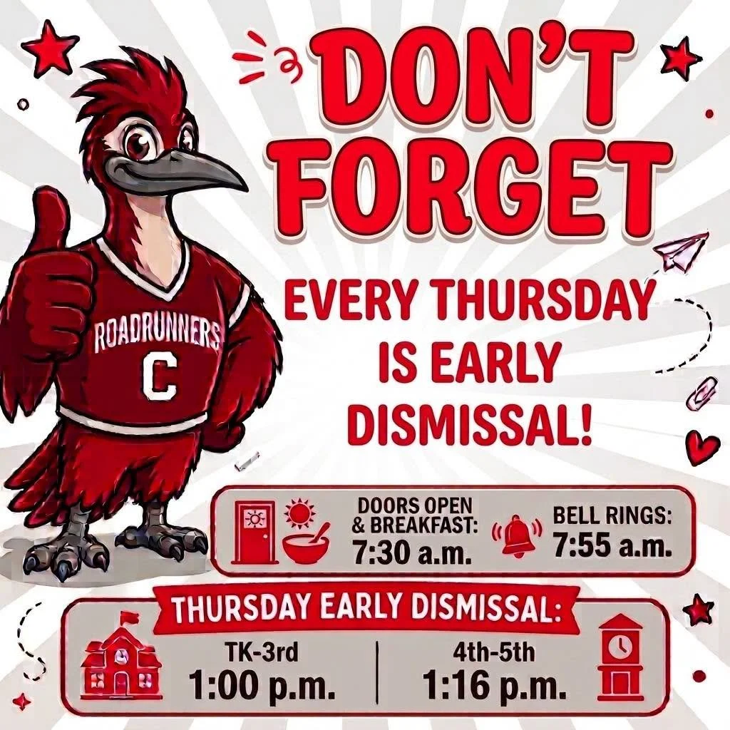 Every Thursday is early dismissal at Rio Vista. Doors and breakfast 7:30 a.m.; bell 7:55 a.m. Thursday dismissal: TK–3rd grade 1:00 p.m.; 4th–5th grade 1:16 p.m.