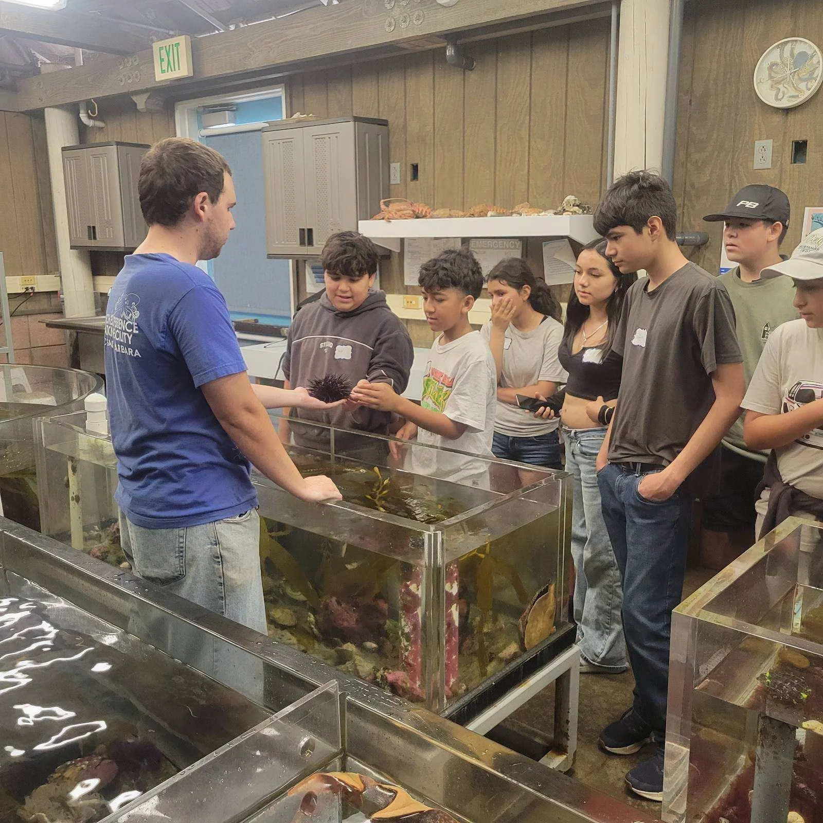 An aquarium educator introduces students to marine life around a touch tank.