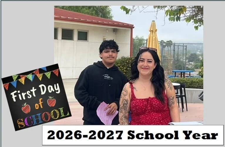 Two people pose on the Sierra High campus for the first day of school.