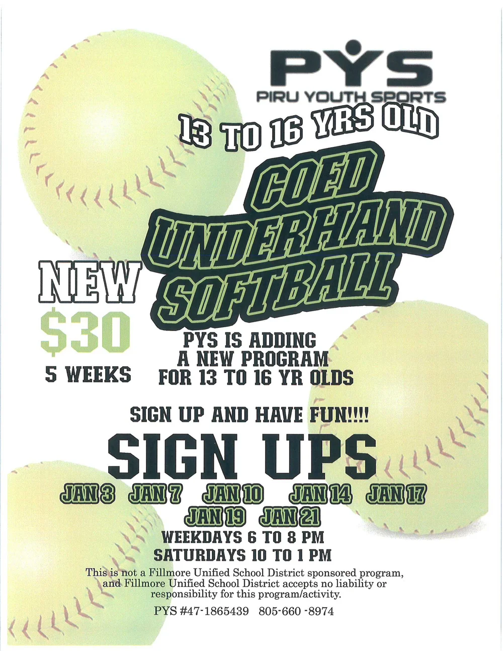 Piru Youth Sports CoEd Underhand Softball Age 13 to 16 SignUps