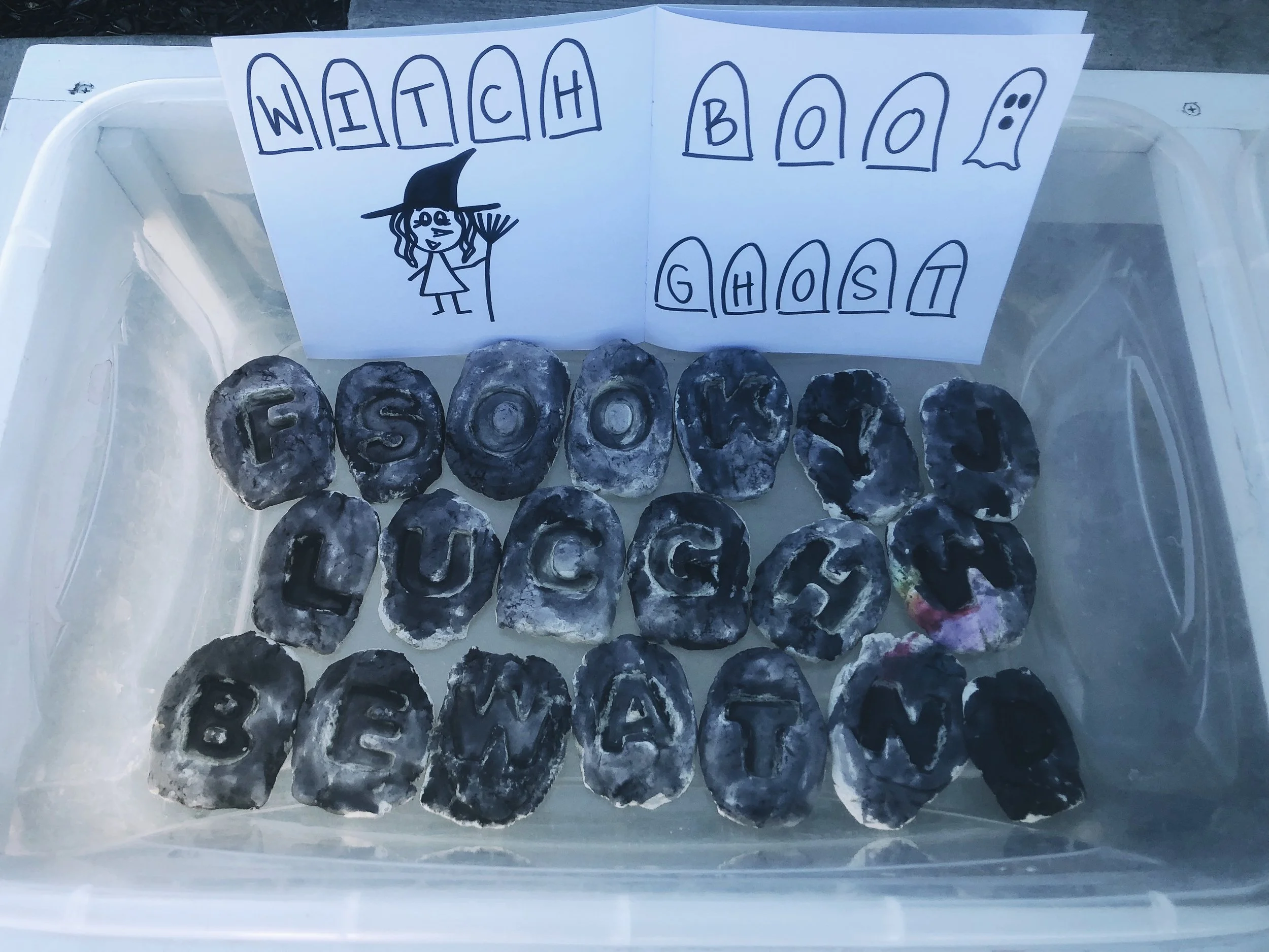 We had a little blank page notebook that I used to create the “spooky” word list. The quick illustrations helped her get excited about the words she was spelling!