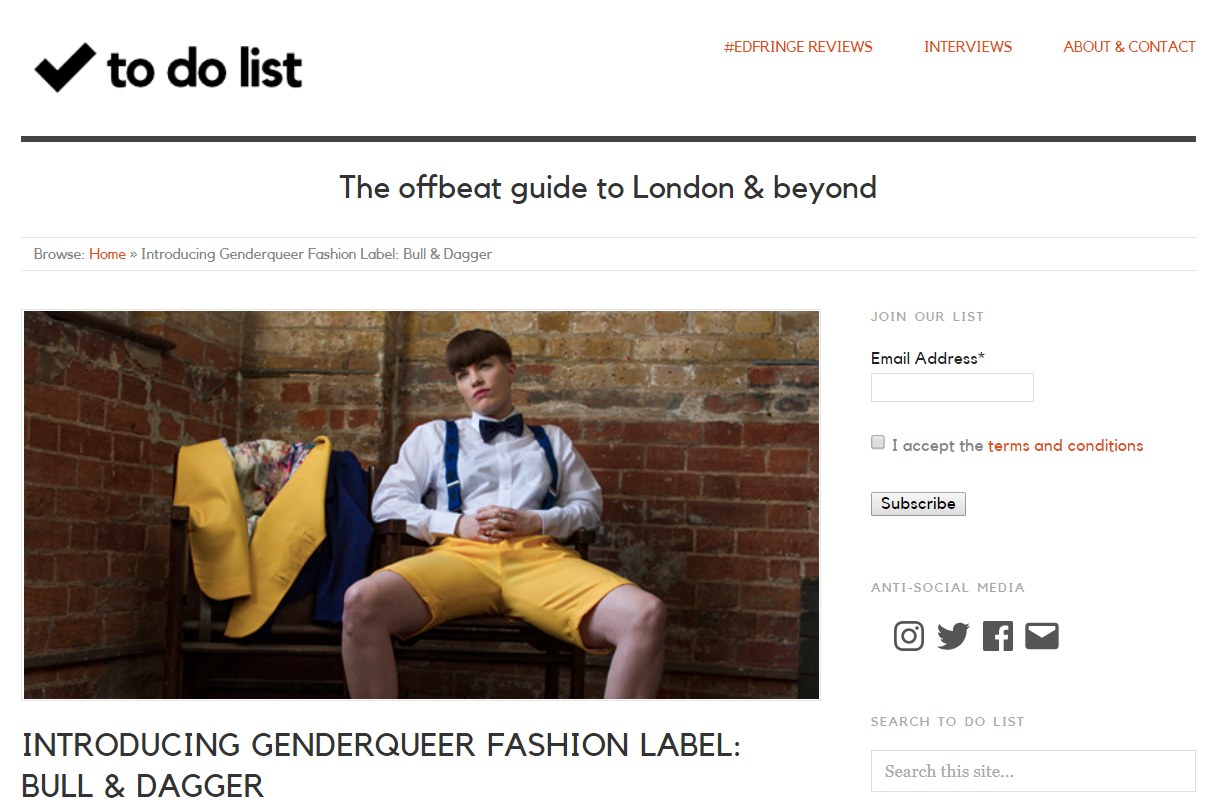 Introducing Genderqueer Fashion Label: Bull & Dagger - To Do List Interview