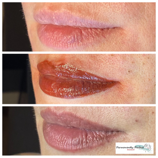 Permanent lip color tattoo before, immediately after, and after healed pics