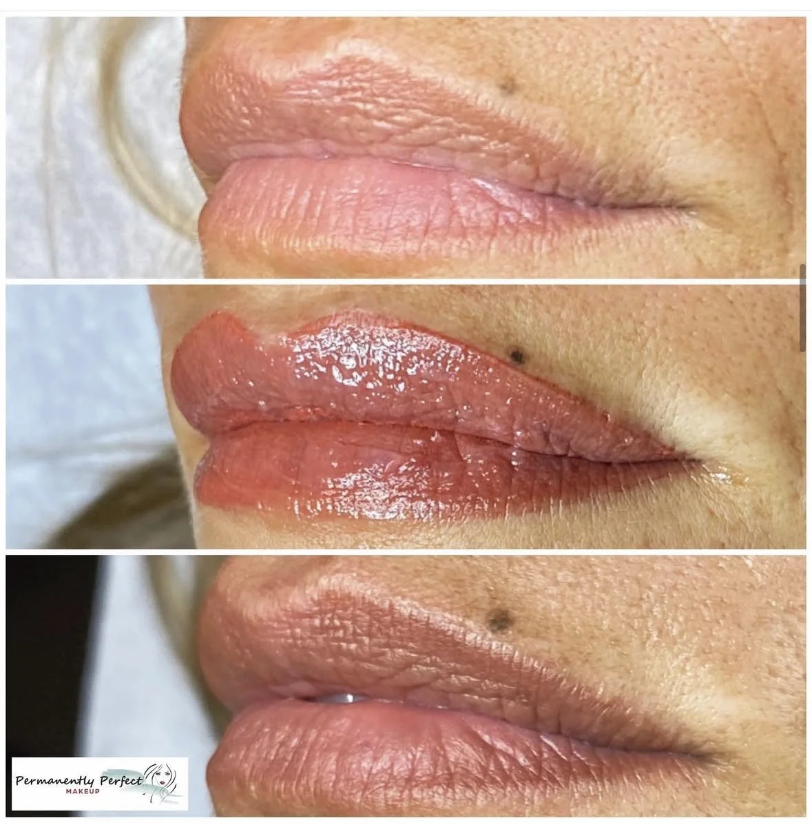 Lip blushing before, immediately after, and after healed on pale lips for naturally defined pink lips.