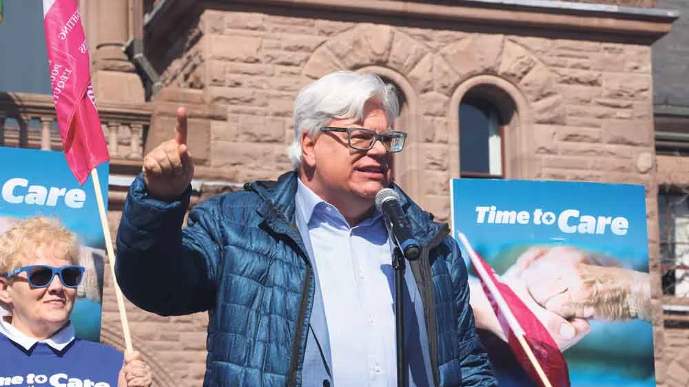 CUPE Ontario president Fred Hahn highlights need for higher levels of care for residents of long-term care facilities, at the “Time to Care” rally at Queens Park, February 27, 2018. SUPPLIED