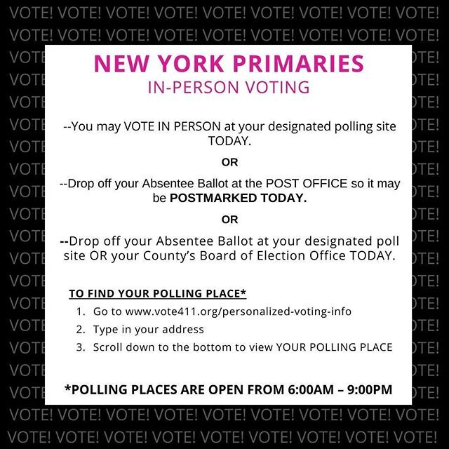 TODAY, JUNE 23 is your last chance to VOTE in the NY PRIMARY ELECTIONS!!&nbsp;Polling&nbsp;places in NYC and its surrounding counties are open until 9:00pm. Visit&nbsp;@nyccaribbeancollective for more voting tips!⁣
⁣
Tag @nyccaribbeancollective with 