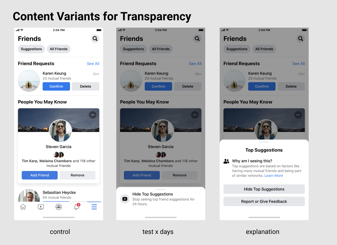 After experimenting, we found that the added explanation led to a higher conversation rate than the other variants. When users tapped into the overflow menu, they were less likely to click hide in the text variant — which was an indication that th