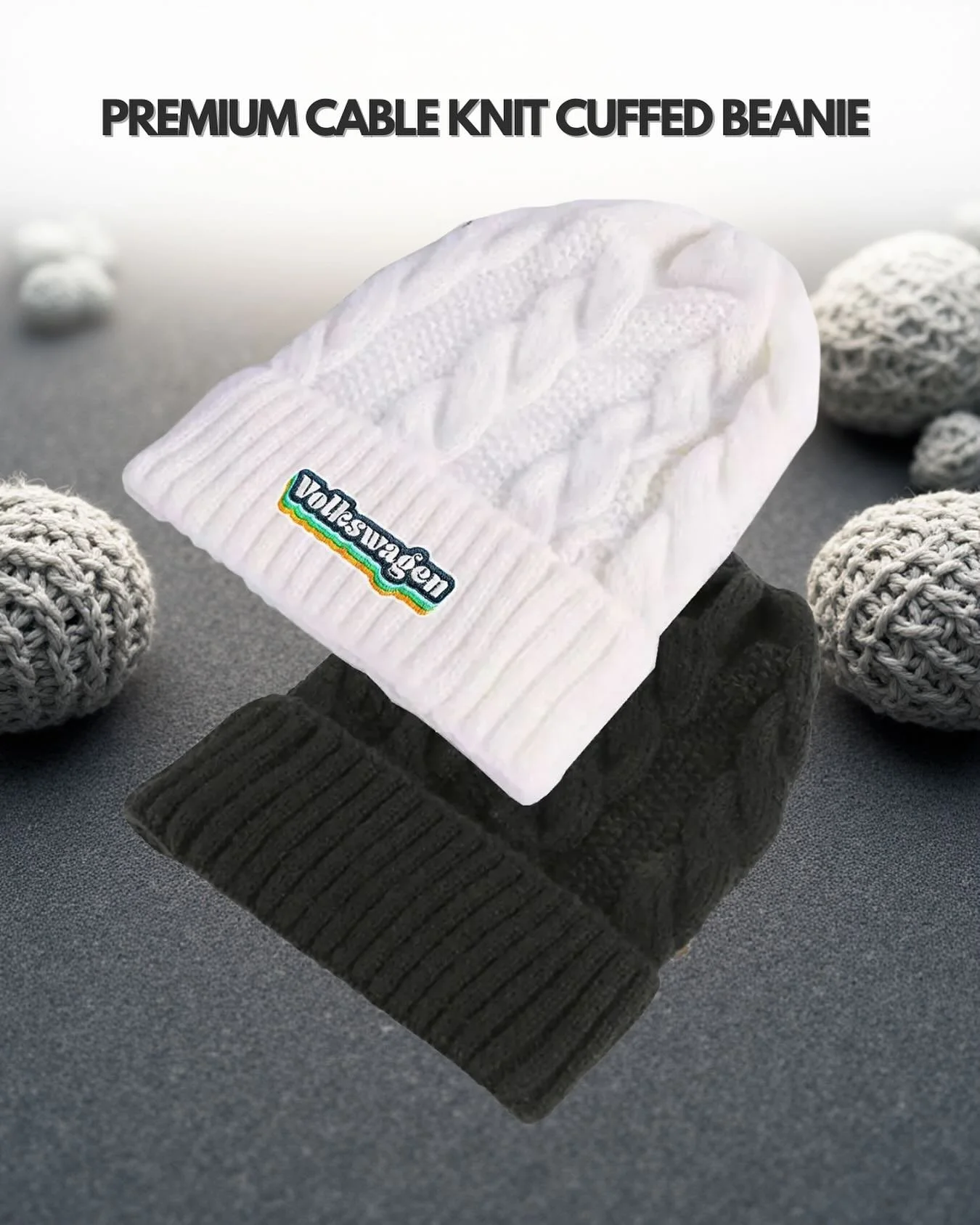 Stay warm and on brand with our Premium Cable Knit Cuffed Beanie.

This cozy winter essential features a classic cable knit design and fold-over cuff for a polished look that fits everyone. Add your embroidered logo or message to make it uniquely you