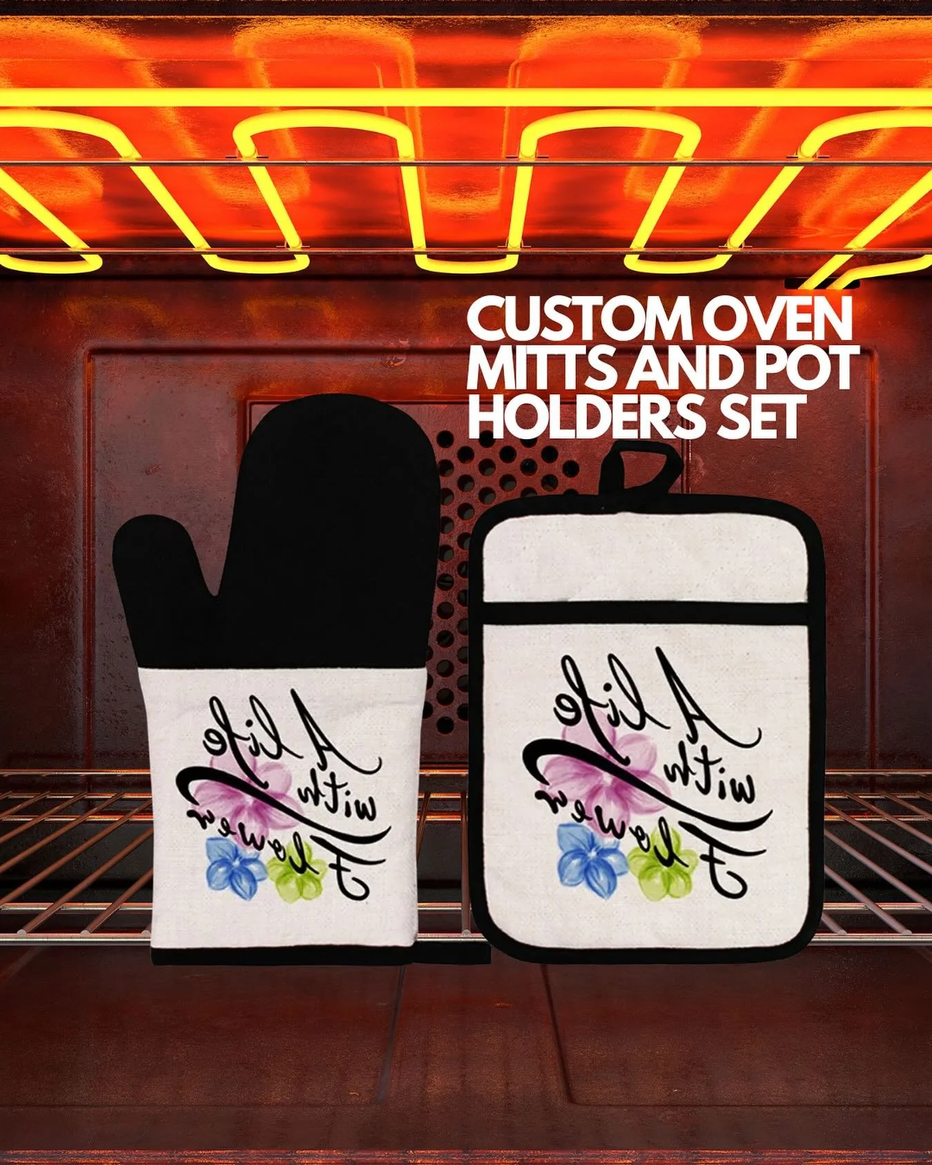 CUSTOM OVEN MITTS AND POT HOLDER SET
Turn up the heat on your brand with our Custom Oven Mitts and Pot Holder Set.

Made from high-quality, washable cotton, these kitchen essentials combine safety and style. Perfect for cooking classes, corporate gif