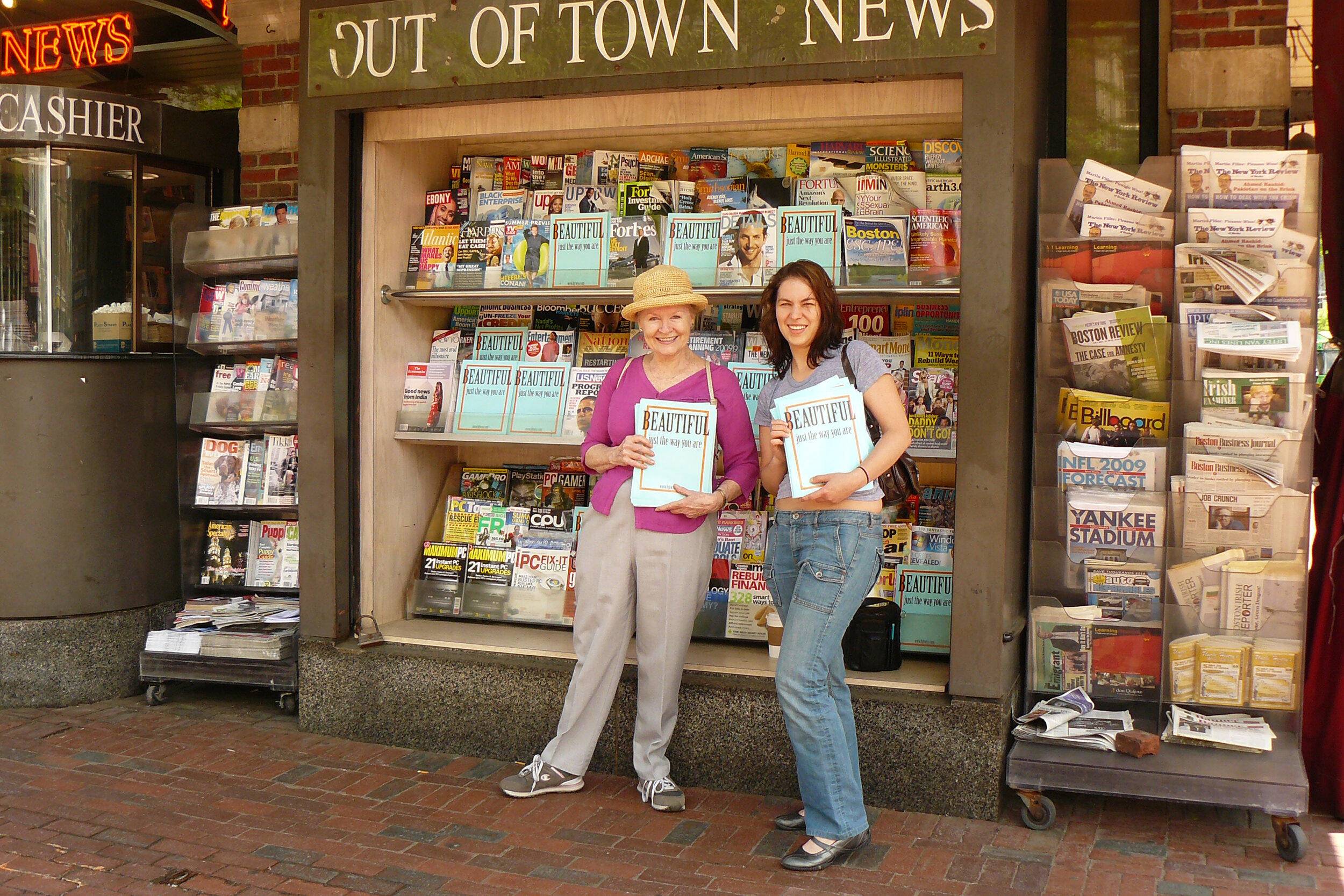 Activists Betsy Warrior and Lisa Coppola at Out of Town news stand