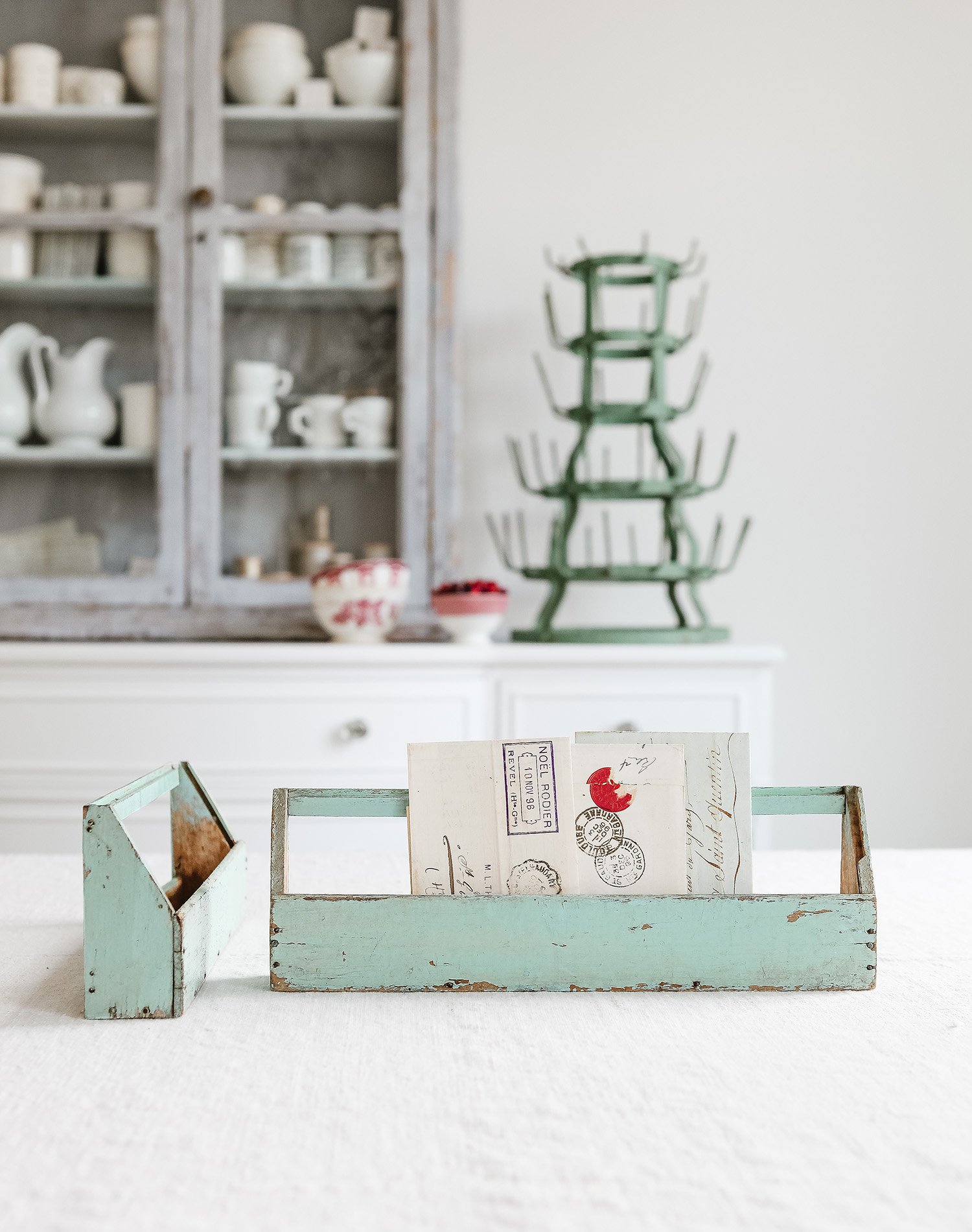 Vintage French Aqua Wooden Caddy