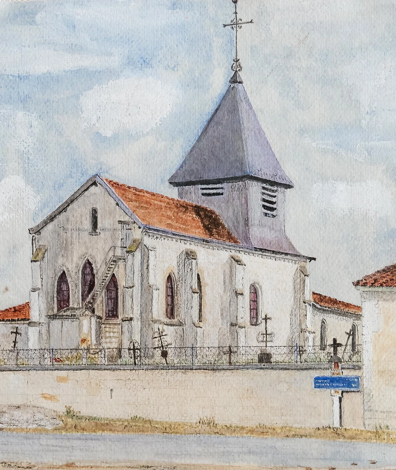 Vintage French Watercolor Church Painting