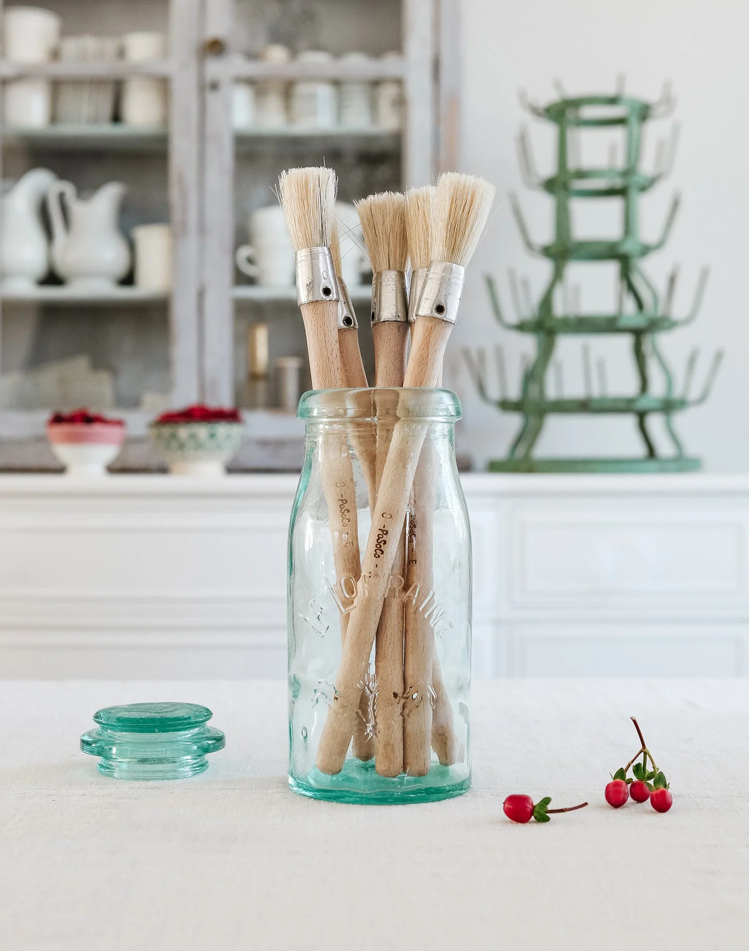 Vintage French La Lorraine Jar and Paintbrush Set