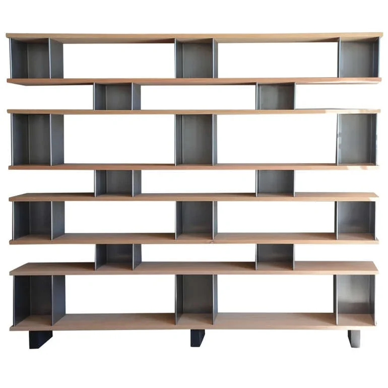 Large Polished Steel 'Horizontale' Oak Shelving Unit