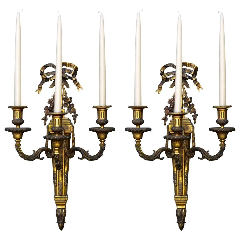 Pair of Monumental Gilt Bronze Louis XVI Style Sconces