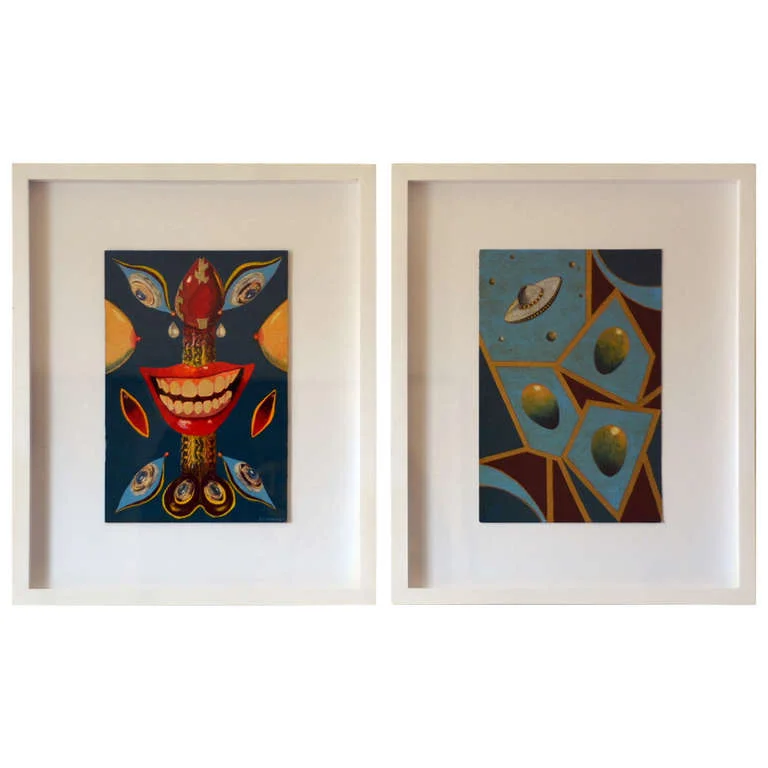 Pair of Whimsical Surrealist Oil On Panel Paintings in Shadow Boxes