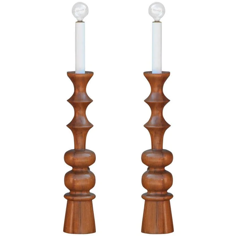 Pair of Elegant Turned Wood Candlestick Mantel Lights