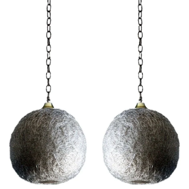 Pair of White Glass Thread Globe Pendant Lights