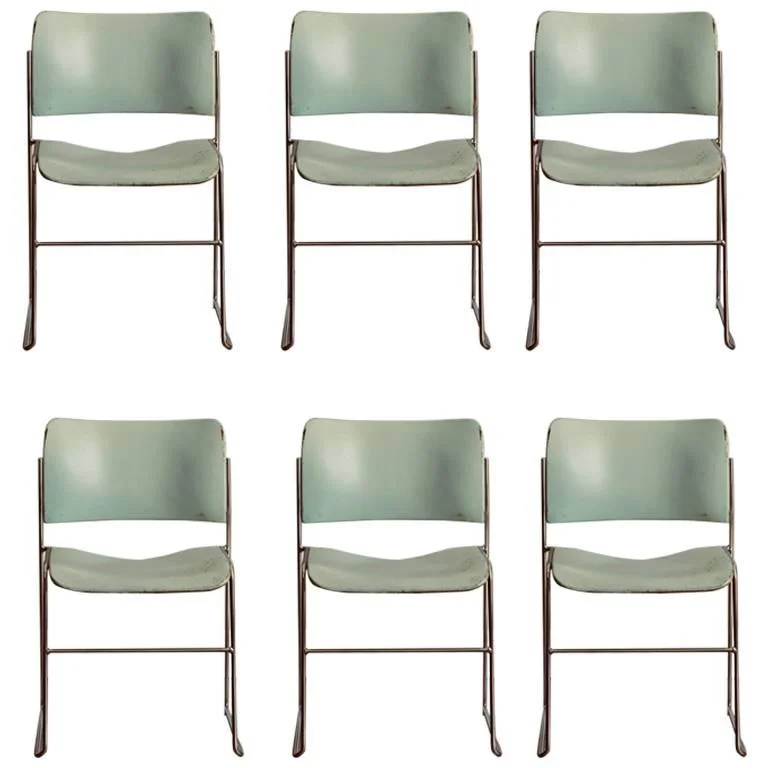 Set of Six Teal and Chrome David Rowland 40/4 Stacking Chairs