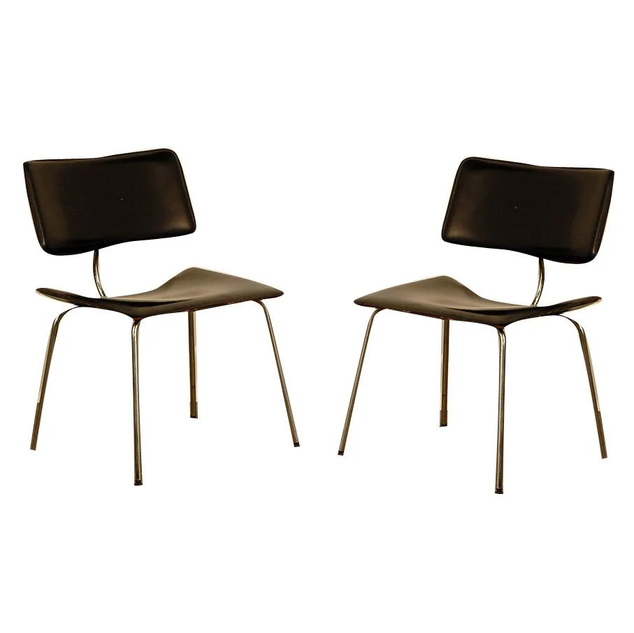 Pair of Slender Italian Stitched Leather Lounge Chairs