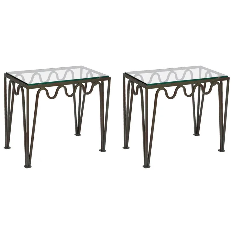 Pair of 'Méandre' Verdigris Iron and Glass Side Table