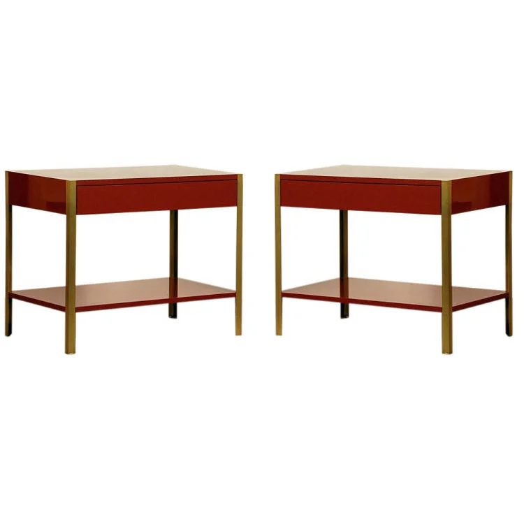 Pair of 'Laque' Oxblood Lacquer and Brass Night Stand