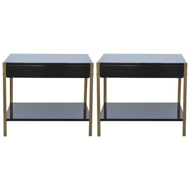 Pair of 'Laque' Black Lacquer and Brass Night Stand